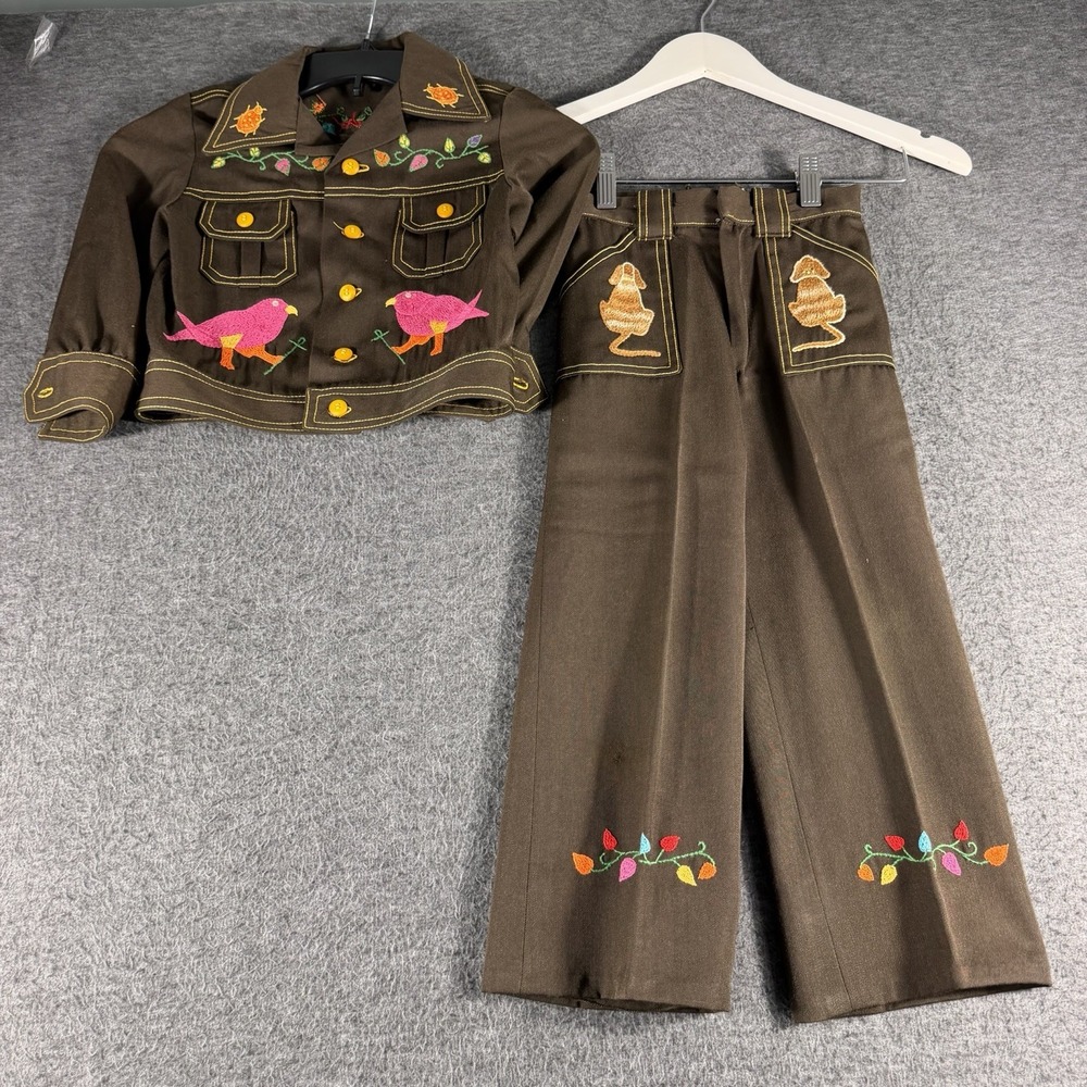 Vintage 70's Handmade Jacket & Pants Needlepoint Hippie Birds Dogs Desert Coyote